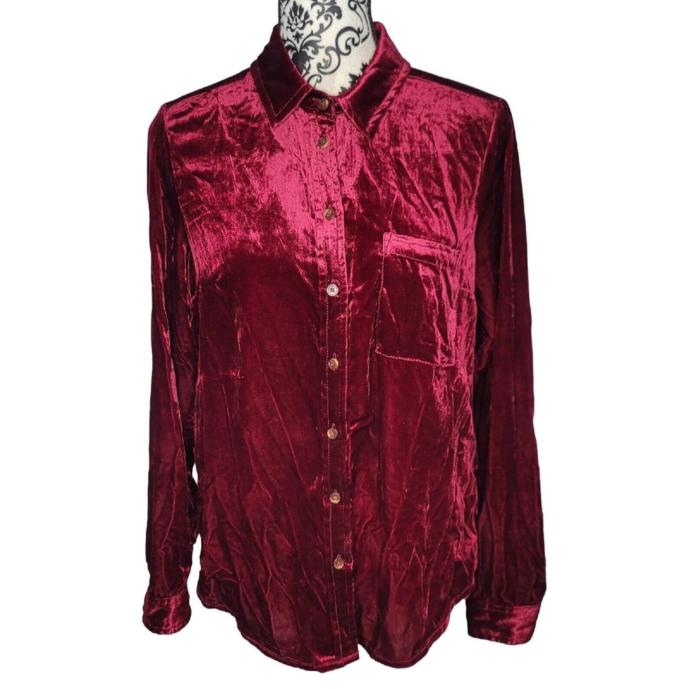 Anthropologie Maeve Wind Velvet Button Down Shirt Size 4 Burgundy